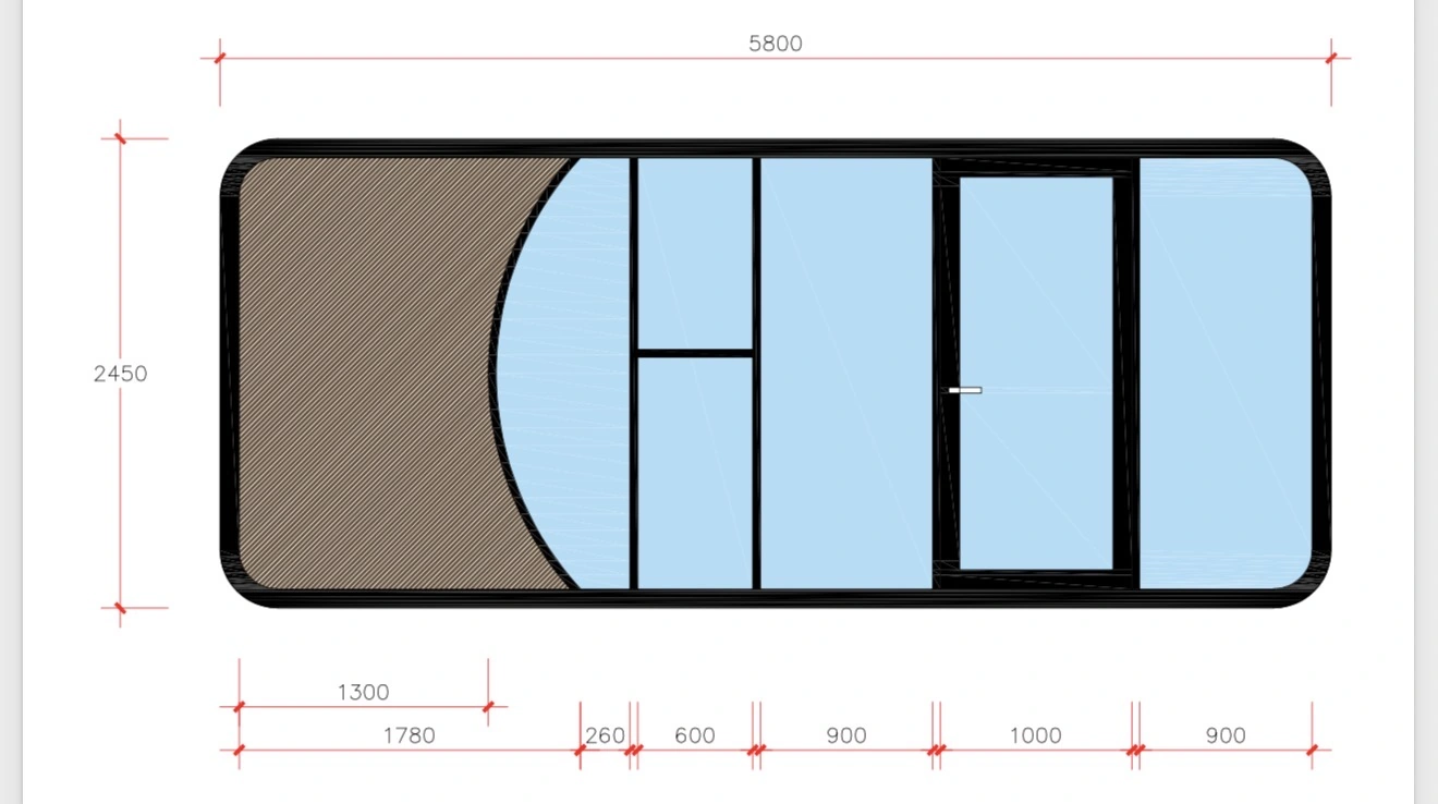 Manufacturer front elevation showing 5800mm length and 2450mm height