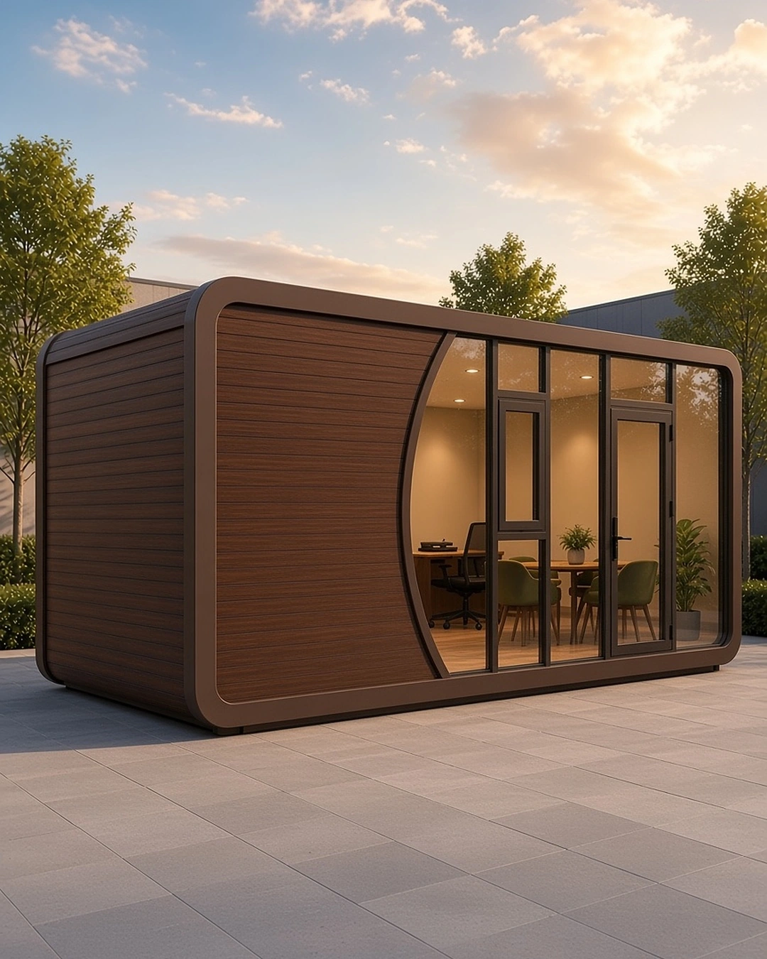 Original brown-clad Lux Build Launch Edition with curved bronze-toned surround and a glazed entrance