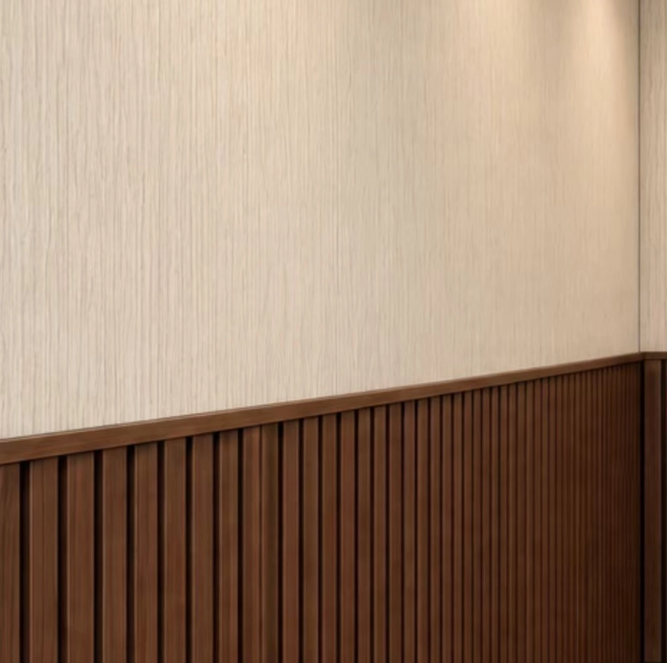 Cream textured interior wall finish paired with dark wood-effect slatted panelling